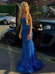 Shiny Royal Blue Mermaid Spaghetti Straps Long Beaded Prom Dress Party Gowns RB1671