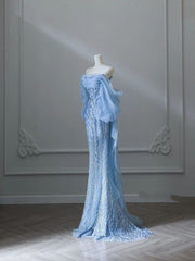 Sexy Mermaid Off The Shoulder Blue Sequin Long Formal Prom Dress Evening Gowns AB1684