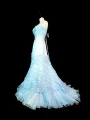 Vintage 1760s Mermaid Sweetheart Light Sky Blue Tulle Sleeveless Pleated Long Prom Dresses N1583