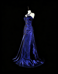 Vintage Mermaid Sweetheart Royal Blue Satin 80s Evening Gowns Formal Birthday Dress Long Prom Dresses N1756