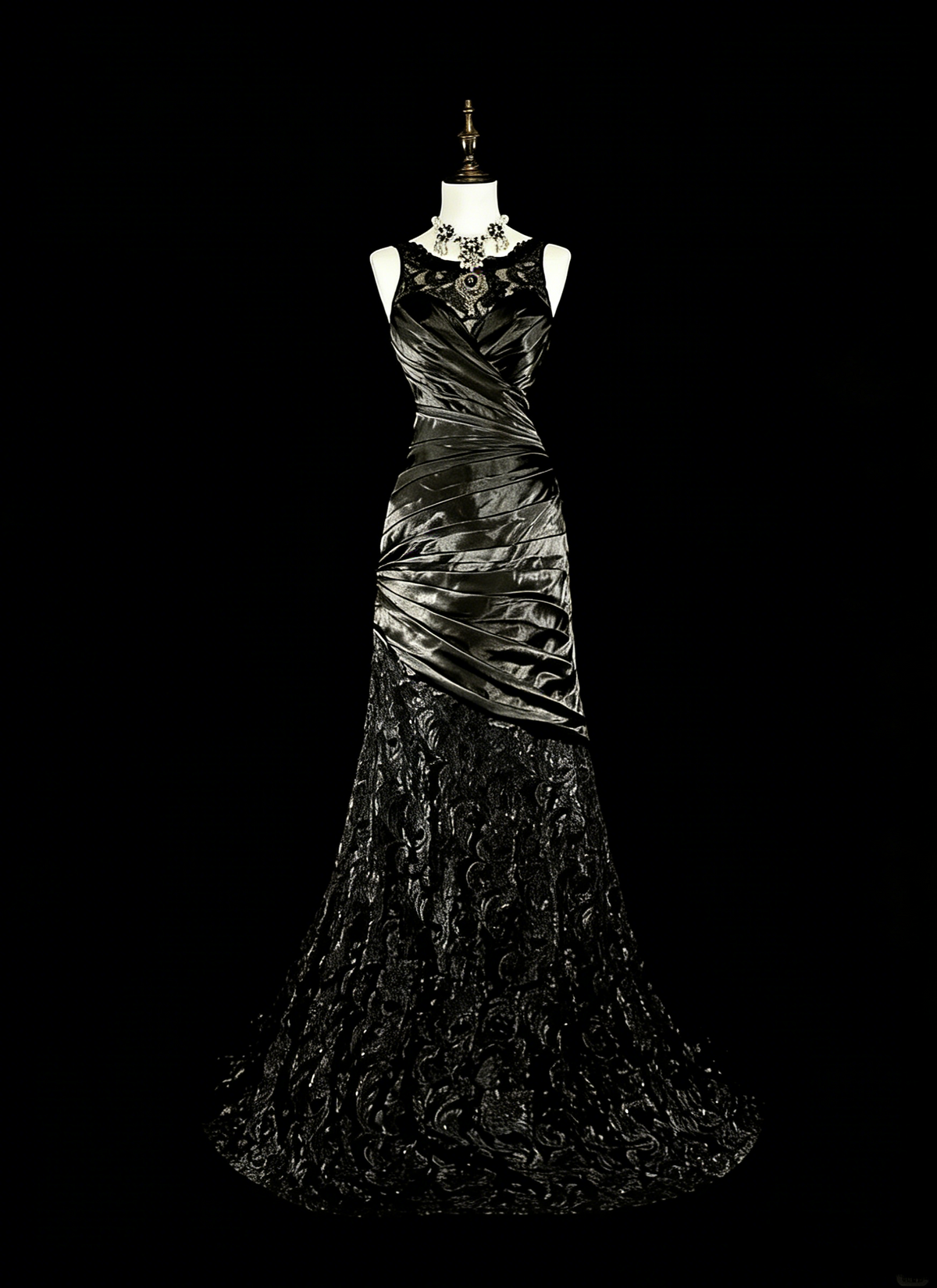 Vintage 1960s Boat Neck Sleeveless Satin Pleated Mermaid Long Prom Dresses N1574