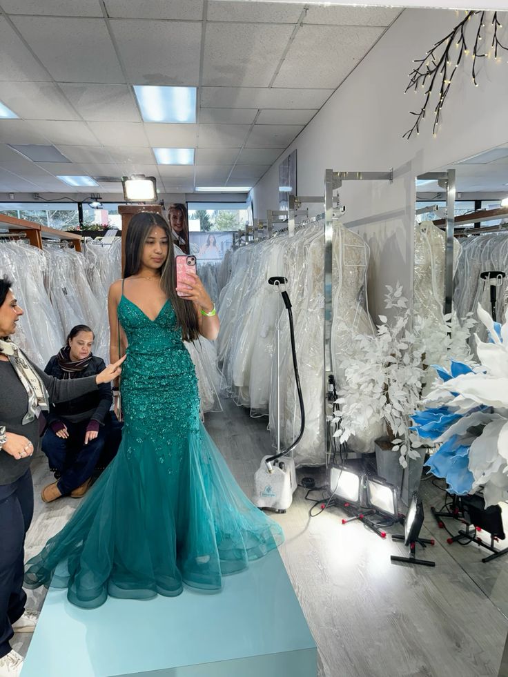 Timeless Spaghetti Straps Dark Green Mermaid Inspo Formal Party Gowns Long Prom Dress AB1707