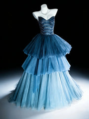 Modest Prom Dresses Ball Gown Sweetheart Navy Blue Tulle With Layers Beaded Long Quince Dress N3055