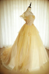 Modest Prom Dresses Ball Gown Off The Shoulder Yellow Tulle With Sleeves Long Quince Dress N2967