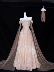 Elegant A Line Off The Shoulder Blush Pink With Short Sleeves Formal Dress Sequin Birthday Prom Dresses N2828