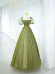 Elegant Ball Gown Green Square Neck Tulle Long Formal Dress 18th Birthday Prom Dresses N2853