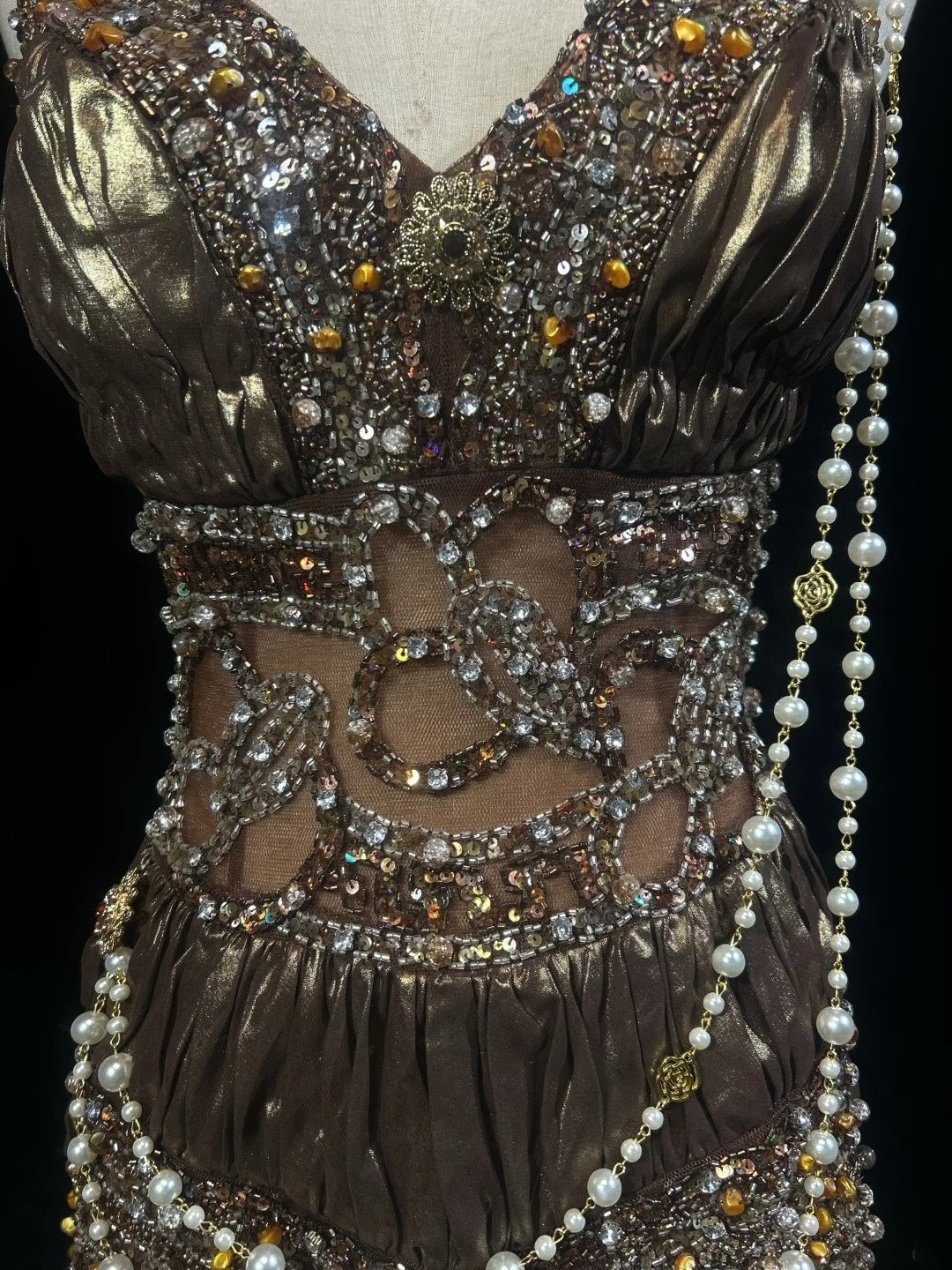 Vintage Prom Aesthetic Dresses Mermaid V Neck Brown Satin With Beading Gem Long Formal Dress N3021