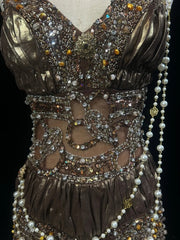 Vintage Prom Aesthetic Dresses Mermaid V Neck Brown Satin With Beading Gem Long Formal Dress N3021