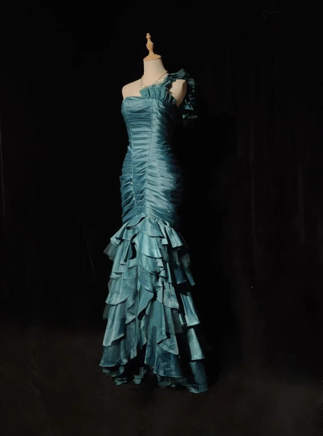 Vintage Mermaid One Shoulder Dusty Blue Satin With Folds Sleeveless Long Formal Dress Gown Birthday Prom Dresses N2442