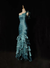 Vintage Mermaid One Shoulder Dusty Blue Satin With Folds Sleeveless Long Formal Dress Gown Birthday Prom Dresses N2442