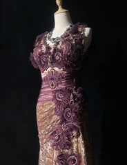 Vintage Prom Dresses Mermaid V Neck Gold Lace With Flowers 80s Long Formal Evening Outfits N3881