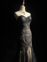 Charming Prom Dresses Mermaid Sweetheart Tulle Black Tie Dress With Beaded Long Formal Evening Outfits N3701