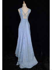 Vintage Classy Prom Dresses High Low Light Blue V Neck Lace Satin With Ruffled Evening Long Dress N3299