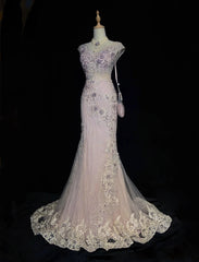 Vintage Prom Dresses 80s Mermaid V Neck Pink Lace Applique Long Formal Evening Outfits N3481