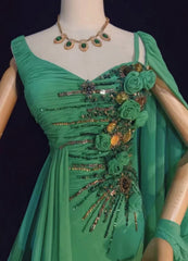 Elegant Mermaid One Shoulder Green Chiffon With Silver Beaded Bodice Formal Dress Long Prom Dresses N2726