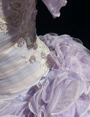 Modest Prom Dresses Ball Gown Strapless Lilac Organza With Layers Tiered Long Quince Dress N3128