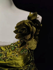 Vintage Classy Prom Dresses Mermaid Spaghetti Strap Olive Green Satin With Lace Beading Evening Long Dress N3294