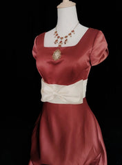 Vintage Prom Dresses 80s Ball Gown Square Neck Rust Red Satin Short Sleeves With Ruffled Semi Formal Evening Outfits N3625