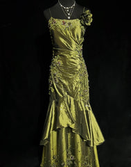 Vintage Mermaid 2000s Spaghetti Strap Olive Green Satin Formal Dress Long Prom Dresses N2575