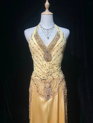 Modest Senior Prom Dresses High Schools Inspiration A Line Halter Yellow Semi Formal Grad Long Prom Dresses For Teens AB2153