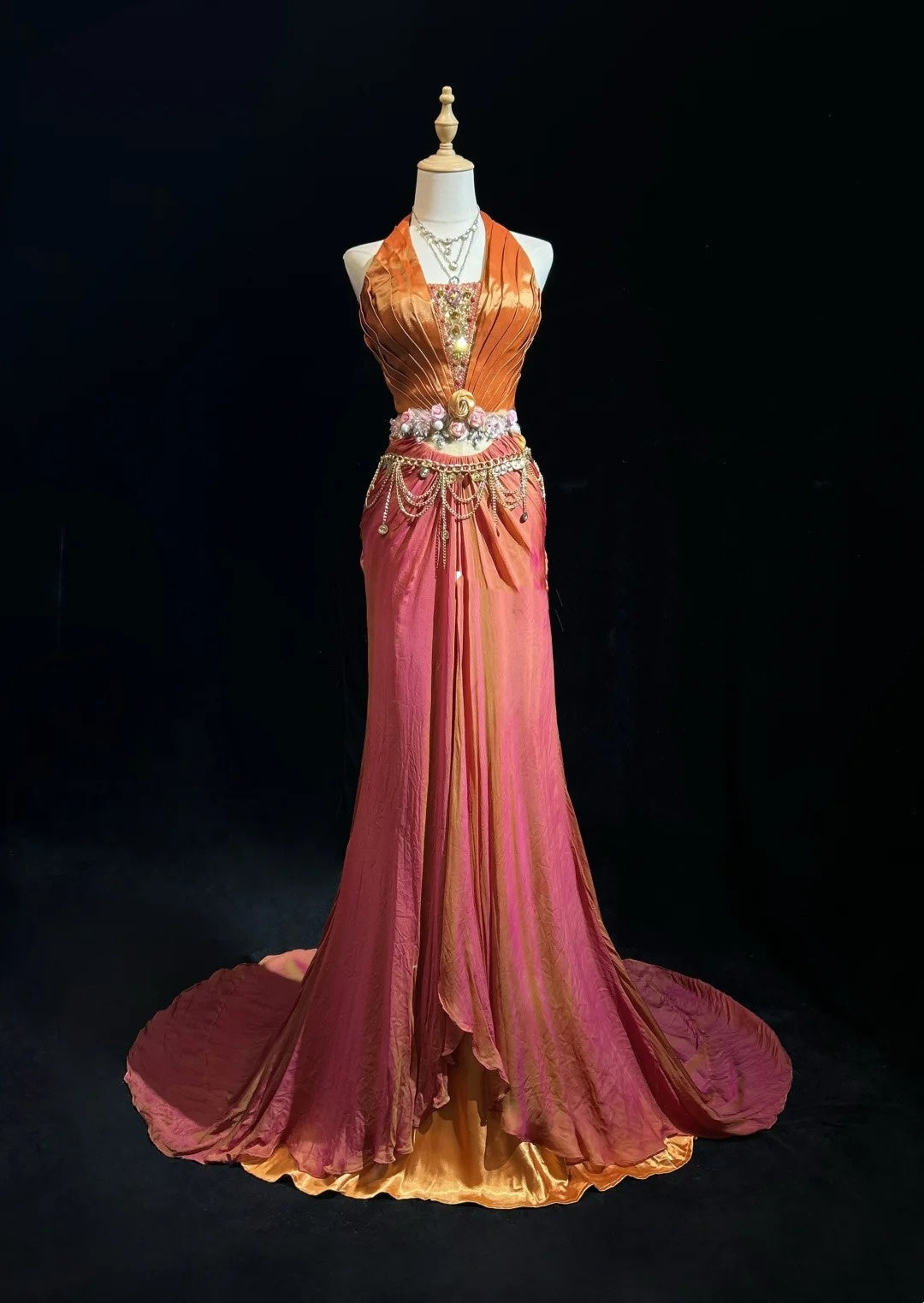 Charming Prom Dresses Mermaid Pink Halter Orange Satin With Ruffled Long Evening Outfits N3430