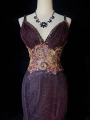 Modest Prom Dresses Mermaid Spaghetti Strap Grape Tulle Sequined With Lace Long Evening Outfits N3448