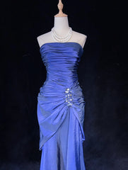 Vintage Prom Dresses 90s Mermaid Strapless Navy Blue Taffeta With Beading Long Semi Formal Evening Dress N3669