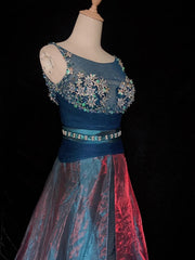 Vintage Prom Dresses 80s A Line Bateau Neck Blue Satin Long Formal Evening Outfits N3477