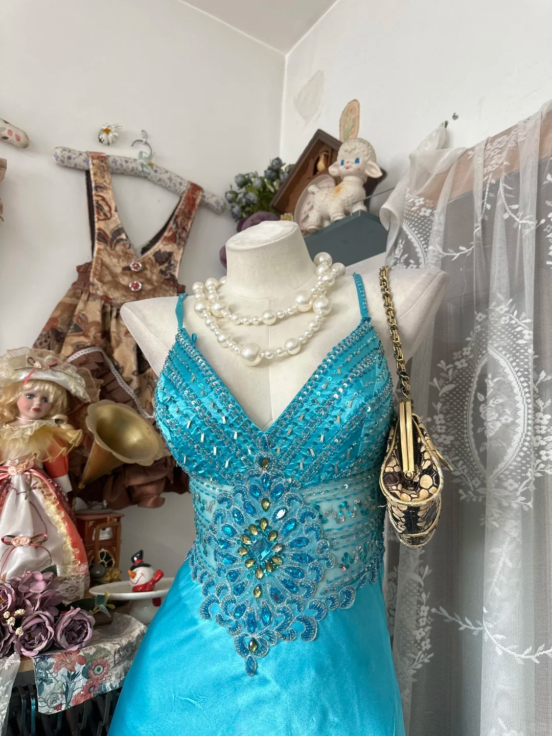 Vintage Mermaid Spaghetti Strap Blue Slit Satin Sleeveless Formal For Women Girls Teens Prom Dresses N2258