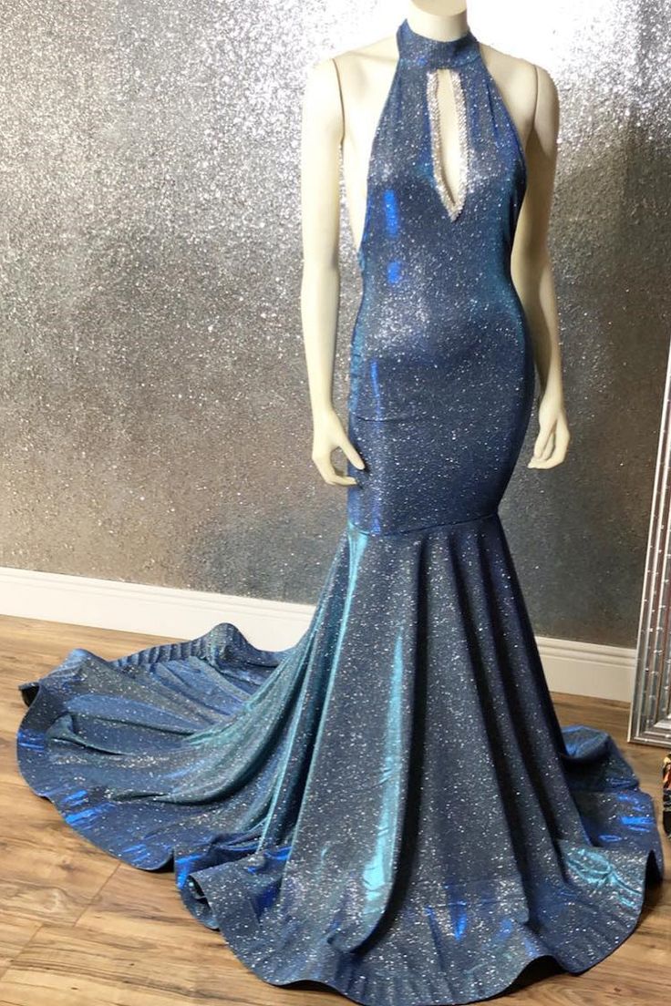 Gorgeous Navy Blue Long Mermaid V-Neck Prom Dress Spaghetti-Straps AB1690