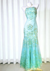Pretty Prom Dresses Mermaid Strapless Green Lace With Beading Long Formal Dress N3041