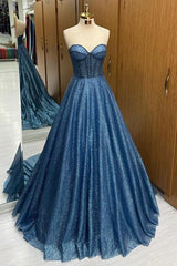 Timeless Navy Blue Sequin Beaded Sweetheart A-Line Long Prom Dress AB1709