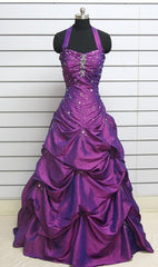 Gorgeous Ball Gown Purple Prom Dress Satin Strapless Halter Long Evening Dress Sleeveless Graduation Dress N1625