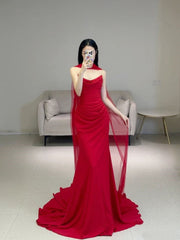 Elegant Mermaid Strapless Red With Scarf Winter Long Formal Ideas Prom Evening Dress Dinner Outfits Party Gowns For Women AB2014