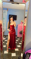Simple Sheath Spaghetti Straps Red Prom Dresses Inspiration 2026 With Slit Formal Gown Evening Dress For Teenagers Girls High Schools AB1946