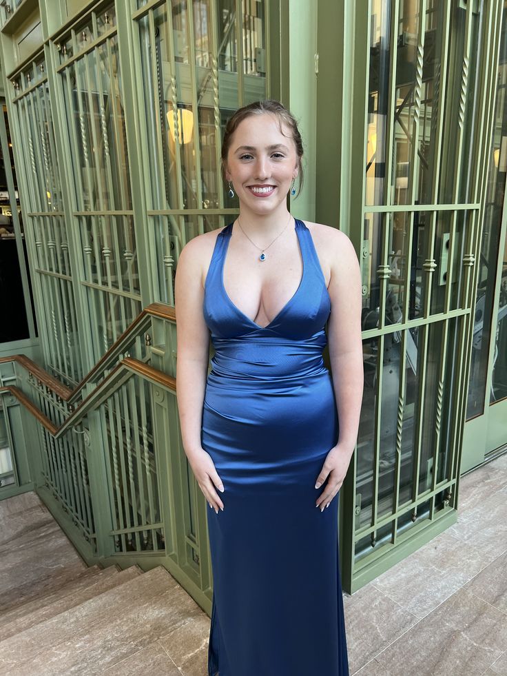 Stunning Prom Dresses Mermaid V Neck Navy Blue Satin Long Formal Dress N2492
