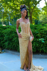 Sparkly Senior Prom Dresses High Schools Inspiration Mermaid Sweetheart Gold Split Sequins Long Semi Formal Grad Prom Dress For Black Girls Teens AB2018