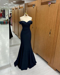 Navy Blue Off-the-shoulder Sweetheart Short Sleeves Long Mermaid Prom Dress Birthday Outfits AB2390