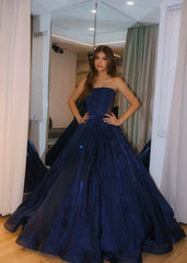 Classy Ball Gown Strapless Navy Blue Sequins Prom Dresses Party Dress Long Evening Dresses AB2165