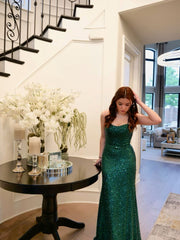 Chic Mermaid Spaghetti Straps Dark Green Sequin Wedding Guest Dresses Prom Formal Dresses AB1851