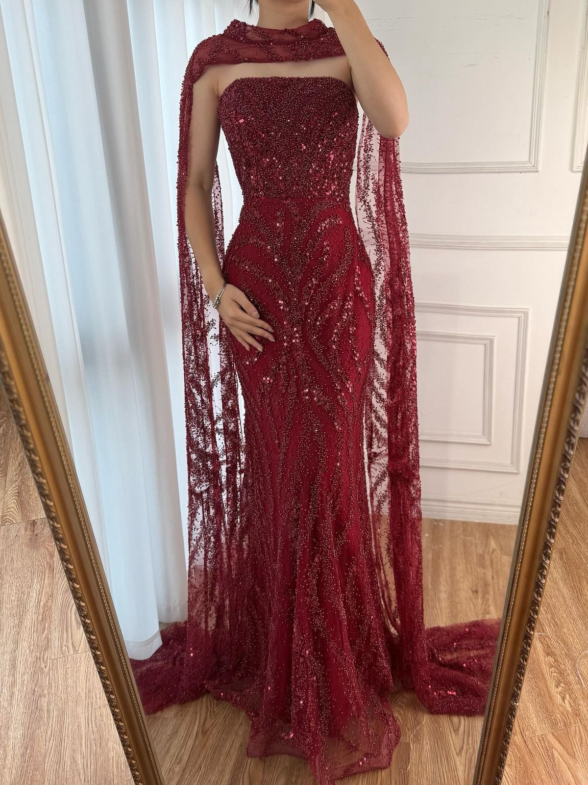 Elegant Mermaid Strapless Burgundy With Sequins Scarf Long Formal Fancy Evening Dress Dinner Outfits Classy Party Gowns AB2060