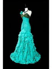 Vintage Mermaid One Shoulder Chiffon Green 70s With Pleated Beads Long Prom Gown Party Wear Dresses N1841