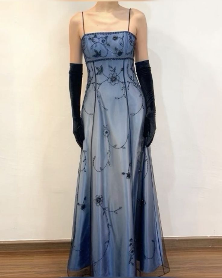 Blue/Grey Delicate Beaded Long Tulle Elegant A line Evening Dress Formal Birthday Party Dress Prom Dresses N1697