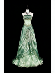 Vintage A Line Strapless Sage Green 70s Organza Long Prom Gown Party Wear Dresses N1835