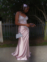Classy Mermaid Spaghetti Straps Pink Satin Inspo For Black Women Girls Formal Party Gowns Long Prom Dresses AB1780