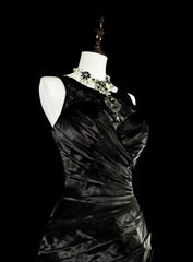 Vintage 1960s Boat Neck Sleeveless Satin Pleated Mermaid Long Prom Dresses N1574