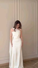 Women's Cocktail Party Gowns Mermaid One Shoulder White With Pleated Ruched Graduation Dinner Outfits Prom Dresses AB1880