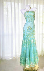 Pretty Prom Dresses Mermaid Strapless Green Lace With Beading Long Formal Dress N3041