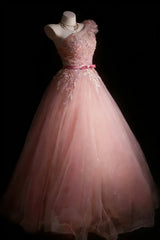 Pretty Prom Dresses Ball Gown One Shoulder Blush Pink Tulle With Appliques Long Formal Dress N2954