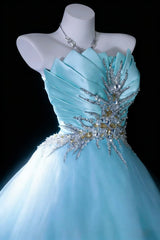 Modest Prom Dresses Ball Gown Strapless Light Sky Blue Tulle With Beading Long Quince Dress N2971